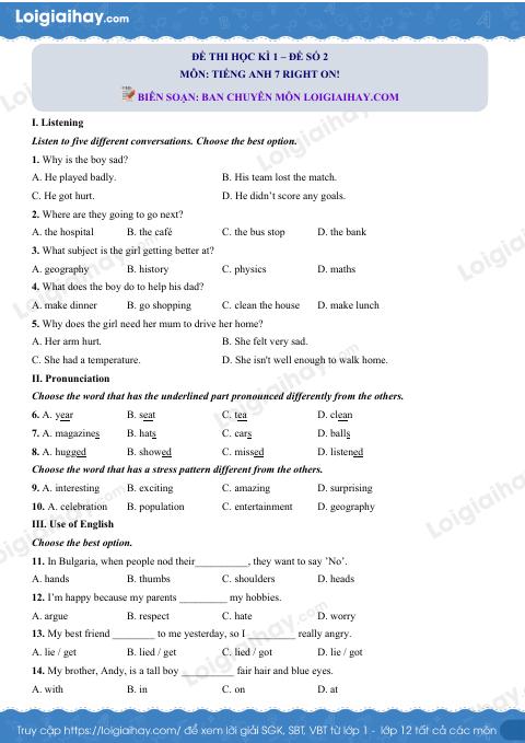 Đề thi học kì 1 Tiếng Anh 7 Right on! - Đề số 1